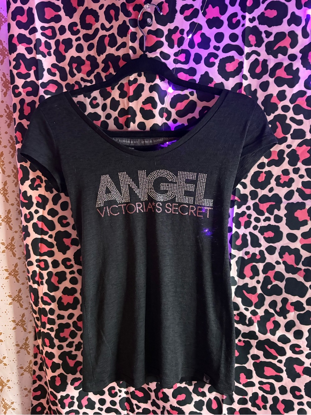 Y2K mcbling Victoria's Secret Super-Model Essentials Black 'ANGEL' Rhinestone Te